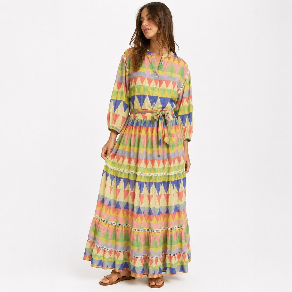 Place Nationale Maxi Dress Womens 1 M Rainbow Geometric Cotton Tiered Boho Trim